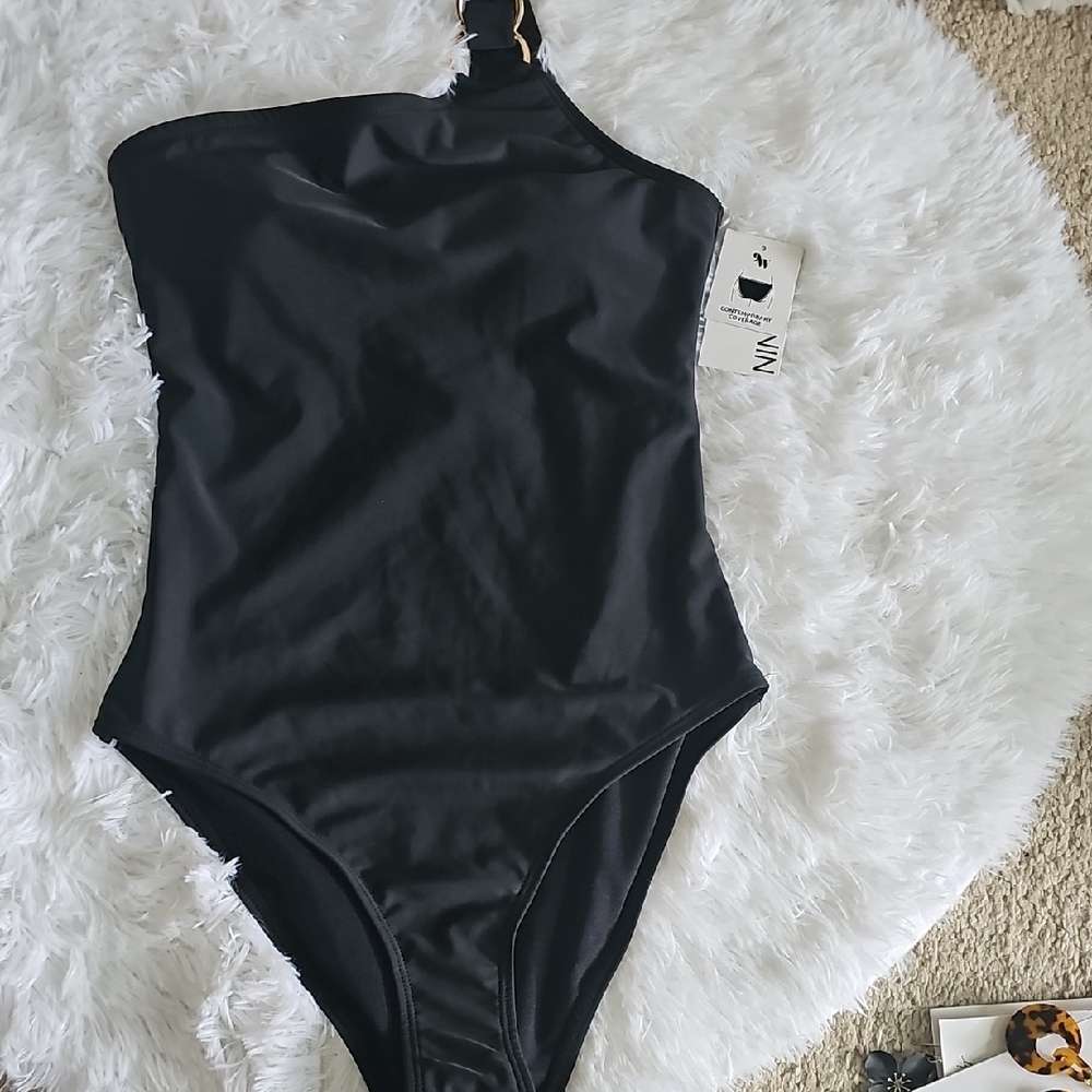 Nine West Black One-Shoulder Swim One Piece